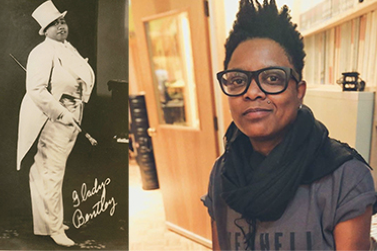 vintage photo of person in white tuxedo and top hat with signature Gladys Bentley and contempory photo of person wearing glasses a scarf and t shirt